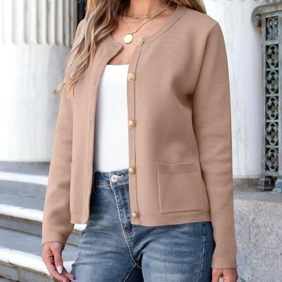 Women's Striped Cropped Cardigan Khaki Size Medium - Picture 1 of 9